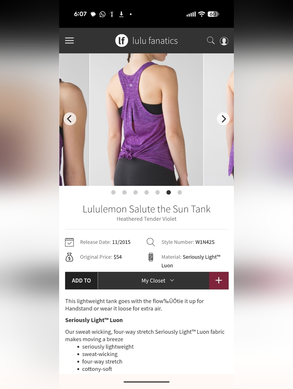 Lululemon Salute the Sun Tank - Heathered Tender Violet, size 6(?)
